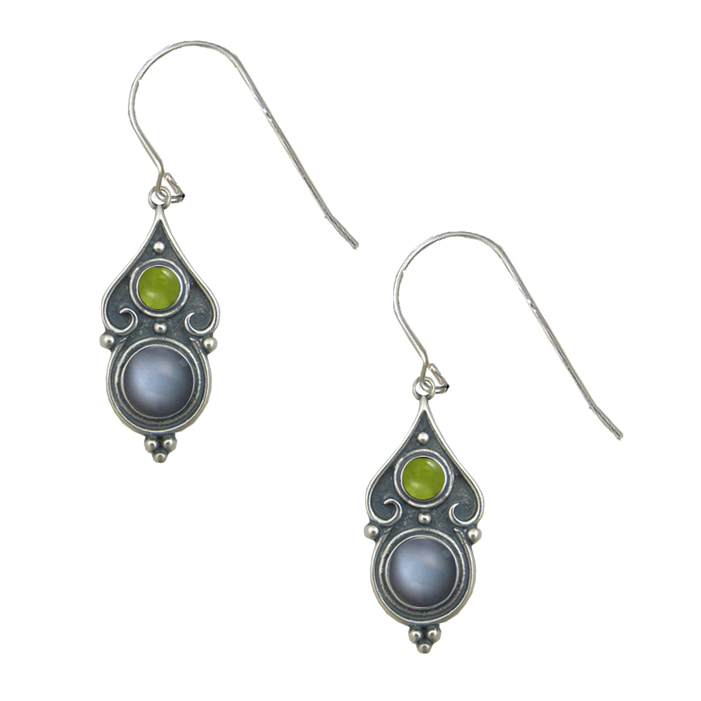 Sterling Silver Designer Post Stud Earrings With Grey Moonstone And Peridot